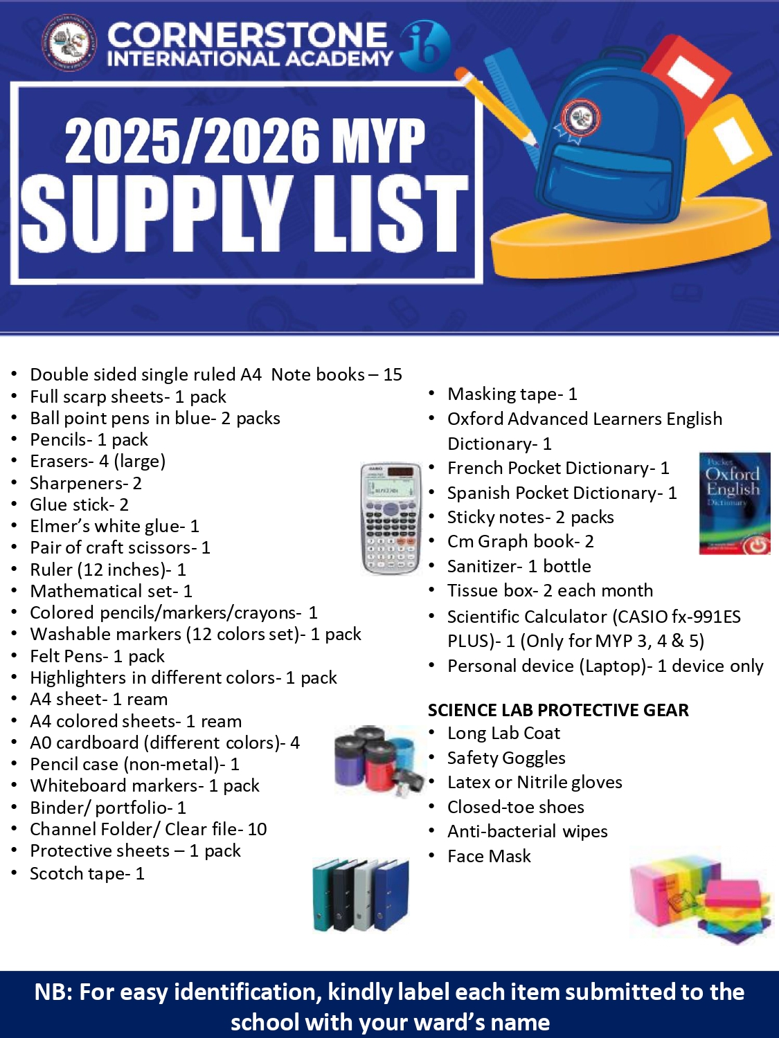 Middle School supply list